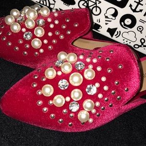 BAMBOO Shoes - Tibetan Red Velvet Embellished Loafer Slippers BAMBOO Shoes - Tibetan Red Velvet Embellished Loafer Slippers